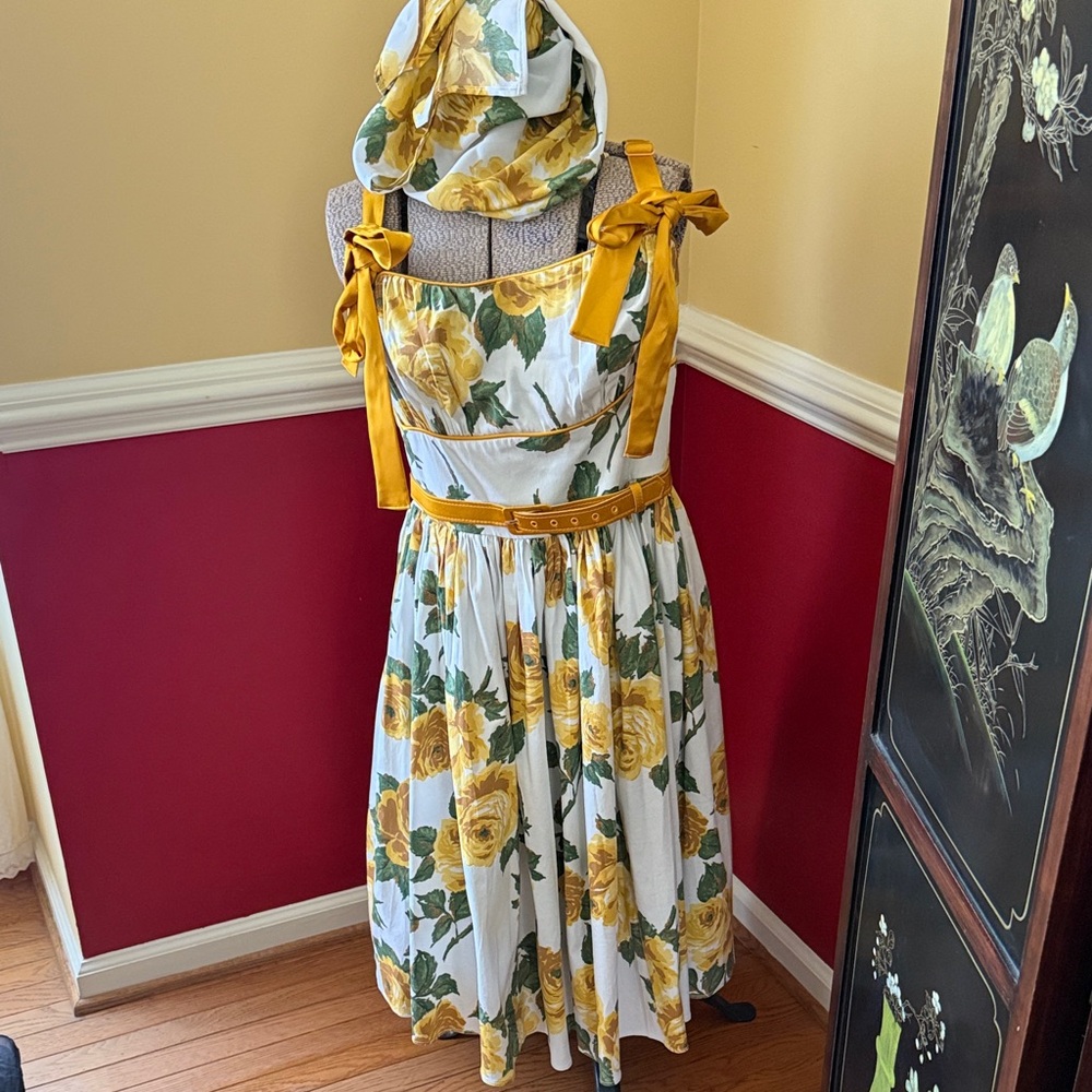 XL Vixen by Micheline Pitt 1950S SWING SUNDRESS IN YELLOW VINTAGE ROSES-NWT